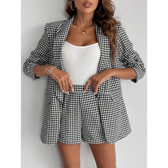WILA Jackets & Blazers - 2 piece set: blazer and shorts plaid houndstooth shorts suit set black white